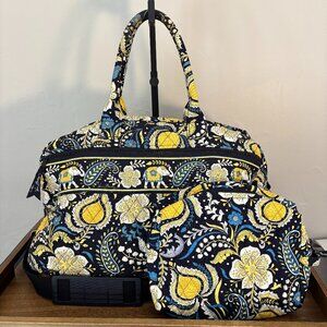 Vera Bradley Ellie Blue Elephant Quilted Travel Duffle Overnight Bag & Cosmetic